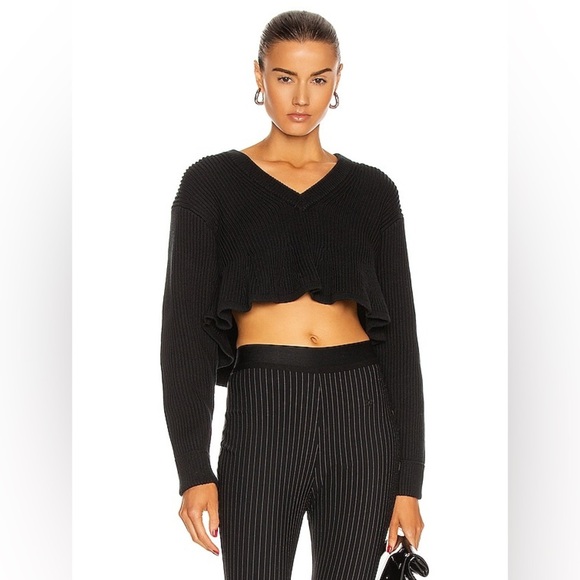 ALEXANDER WANG Cropped V Neck Ribbed Peplum Pullover in‎ Black Size S - Picture 1 of 11